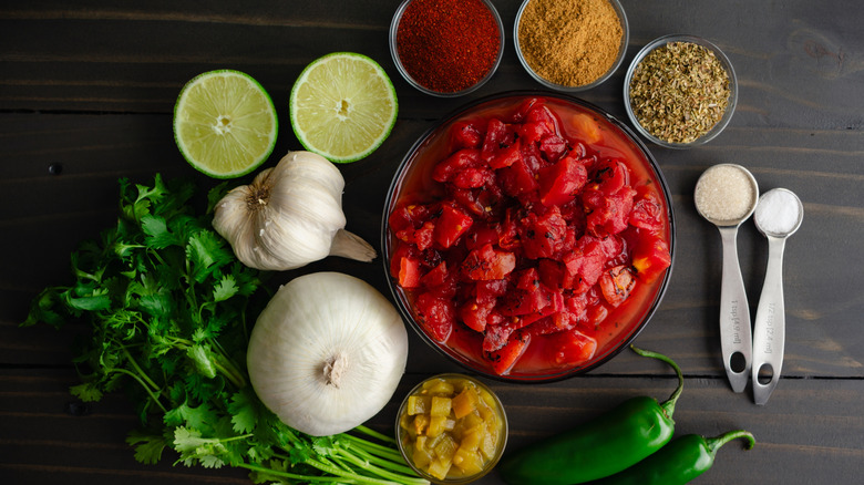 salsa ingredients spread out on a wood table