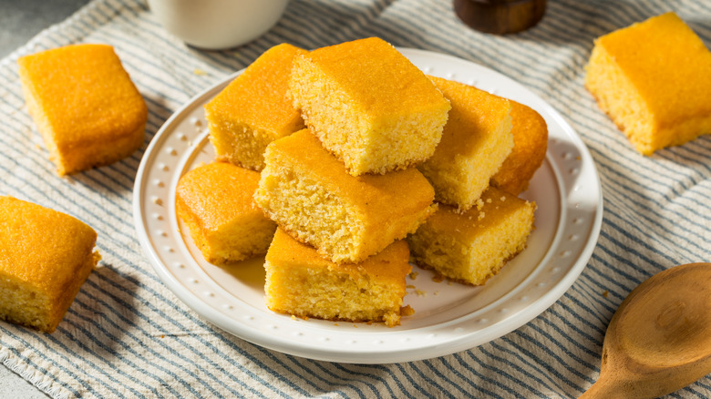 Plate of stacked slices of cornbread