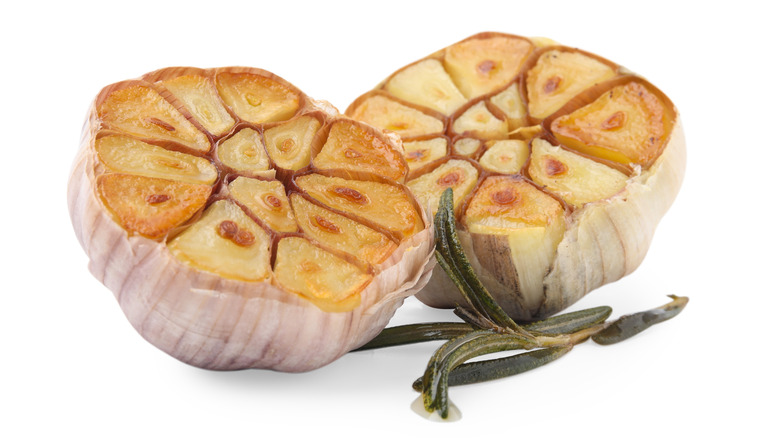 Head of roasted garlic with rosemary on a white background