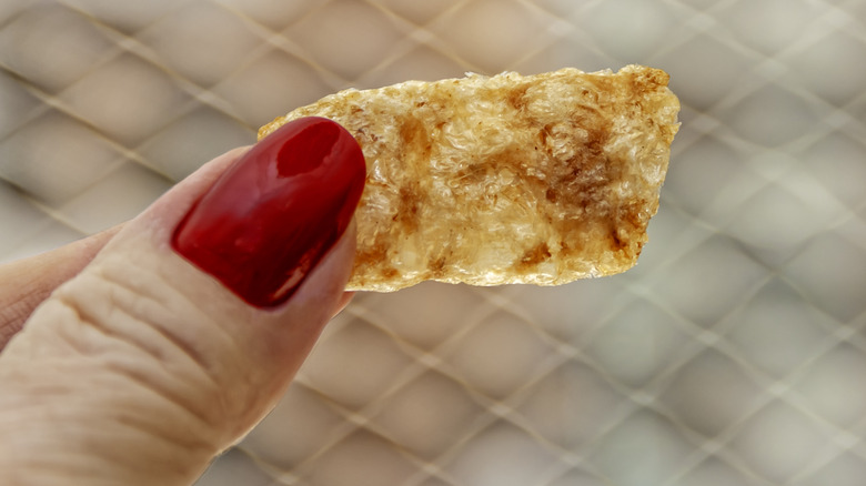 fried pork skin held by thumb