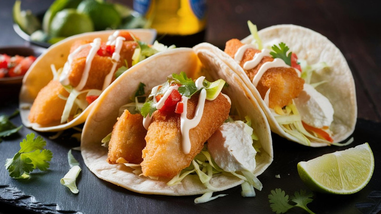 Three fish tacos with cabbage, sour cream, and cilantro