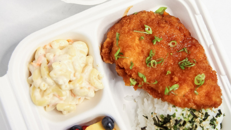 Hawaiian plate lunch with mac salad, rice, and katsu