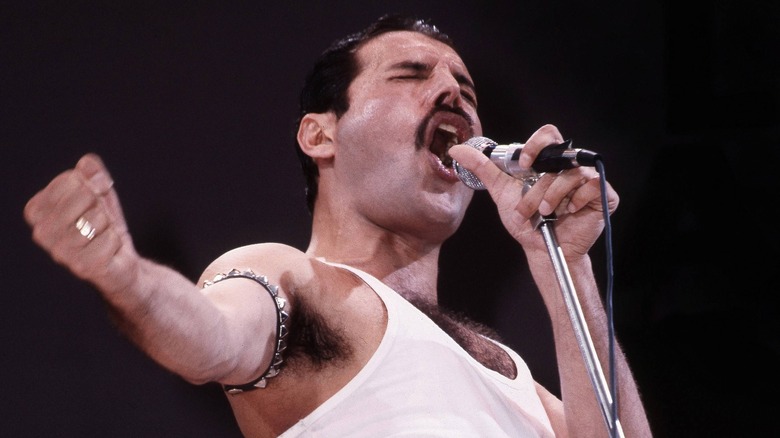 Freddie Mercury singing into microphone