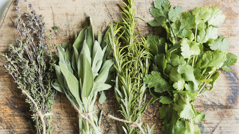 Fresh kitchen herbs on a cutting board