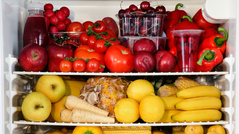 Color coordinated produce in fridge