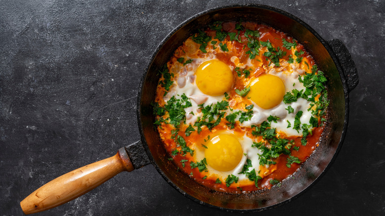 Fried eggs with tomato paste