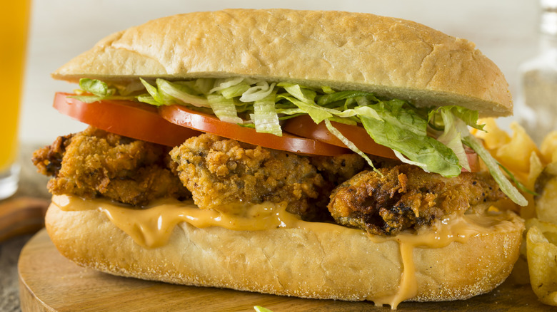 closeup oyster po'boy sandwich