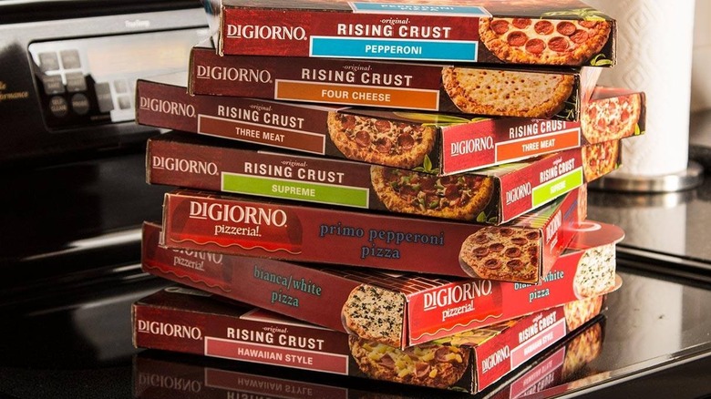 Stacked boxes of DiGiorno pizza