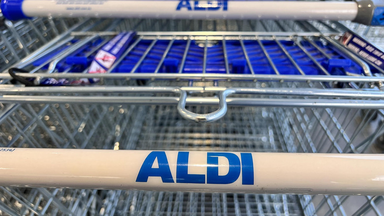 The handle of an Aldi grocery cart is shown