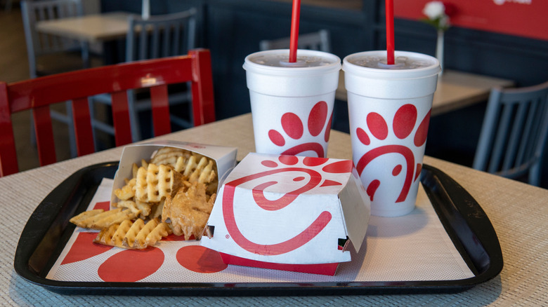 A tray of Chick-fil-A food on a table.