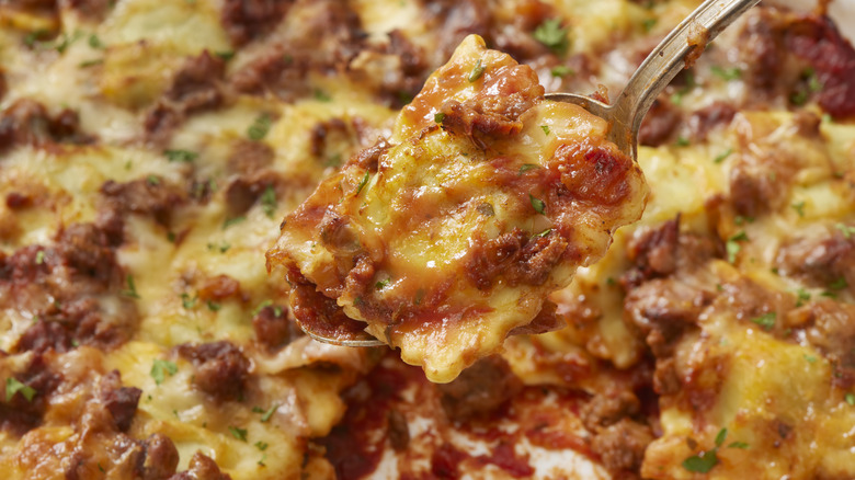 Spoonful of lasagna close-up