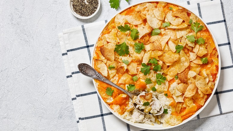 Creamy chicken casserole with potato chip topping