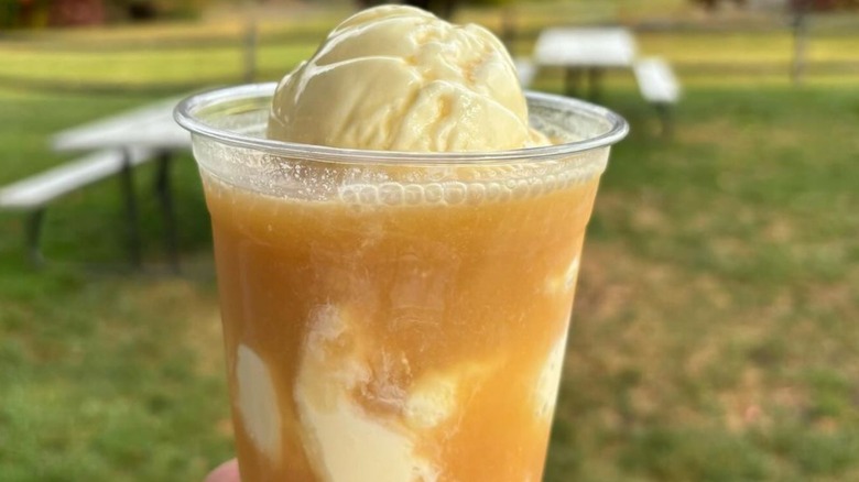 Apple cider ice cream float in a cup in an outdoor setting