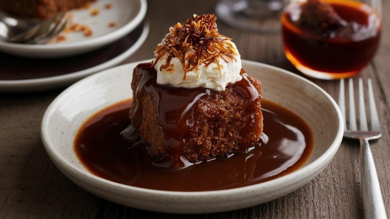 Plate of sticky toffee pudding dessert with fork