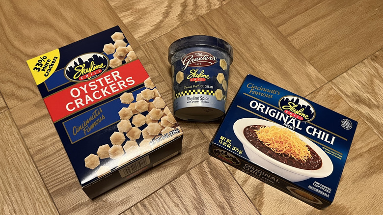 Skyline Chili and Oyster Crackers, and a pint of Graeter's Skyline Spice Ice Cream