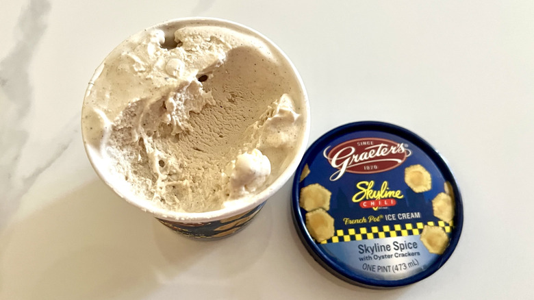 open pint of Graeter's Skyline Spice Ice Cream