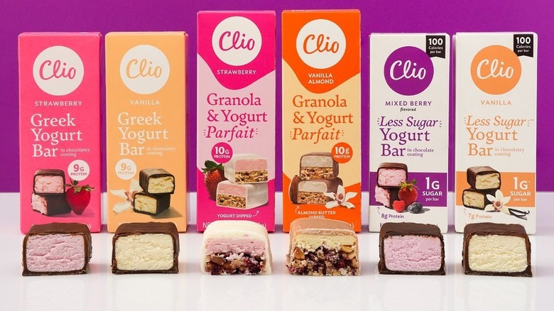 Clio Snacks yogurt bars and granola and yogurt parfait bars in a row