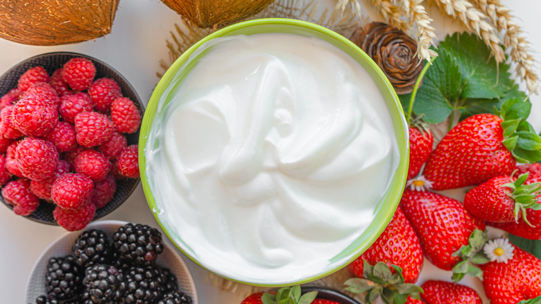 yogurt surrounded by fresh fruit