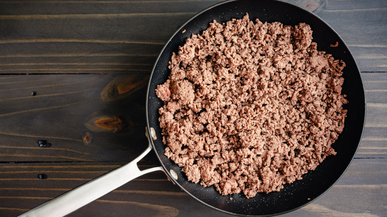 Cooked ground beef in a pan