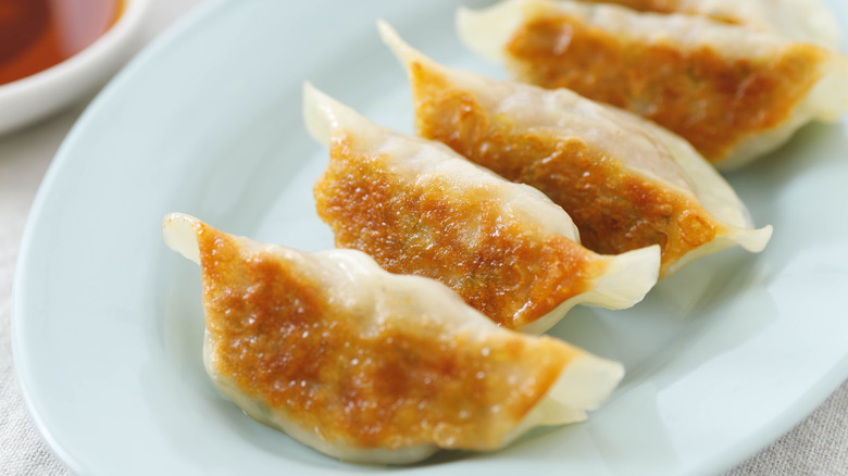 Four crispy bottomed dumplings on a white plate