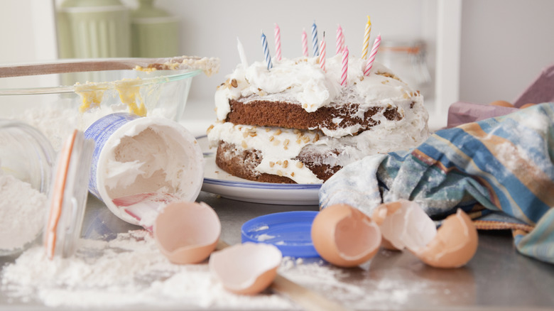 Cake and cake ingredients on a messy counter