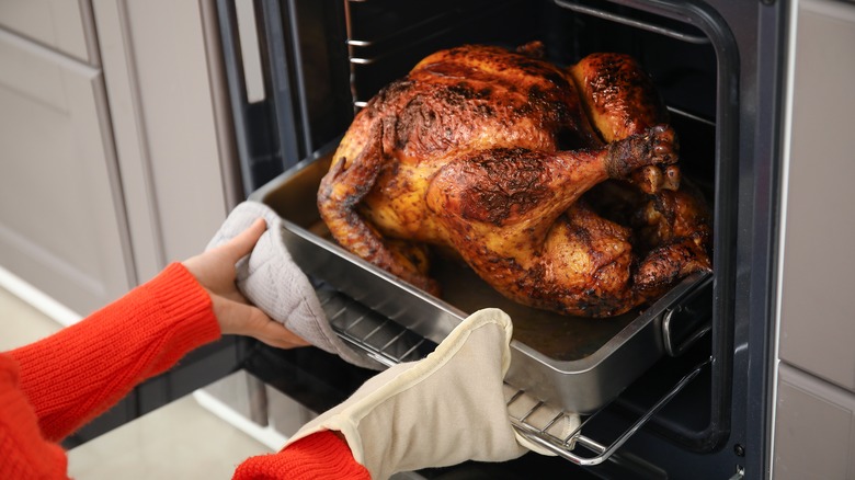 Removing a roast turkey from a small oven