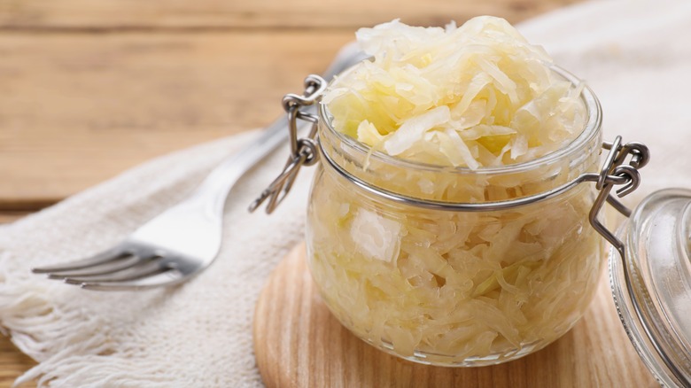 close-up of sauerkraut in a jar