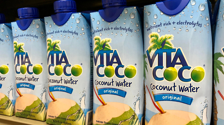 tetra paks of vita coco coconut water on a store shelf