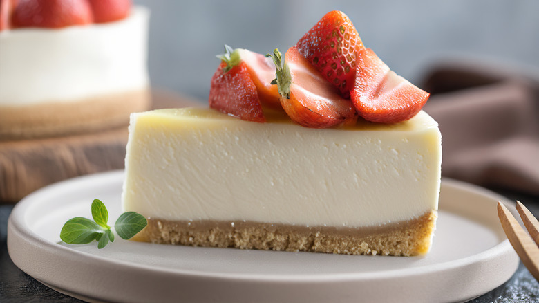 A slice of no-bake cheesecake with strawberries on top