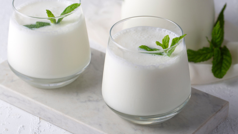 Two glasses of buttermilk garnished with mint leaves