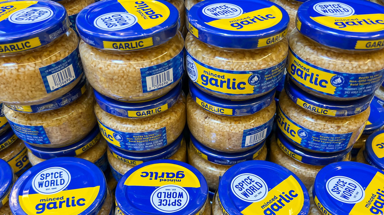 stacks of jarred minced garlic at the store