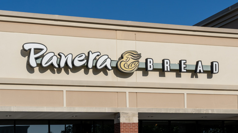 A Panera Bread sign on the exterior of a Panera Bread location