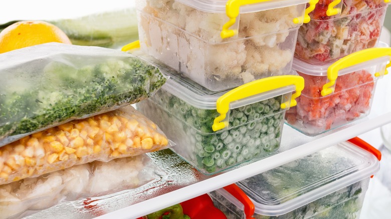 food containers in freezer