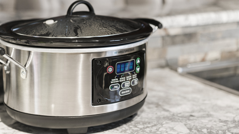 Silver Crockpot on a counter in the kitchen