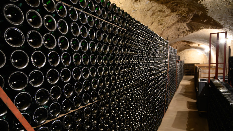 many wine bottles on shelves in a wine cellar