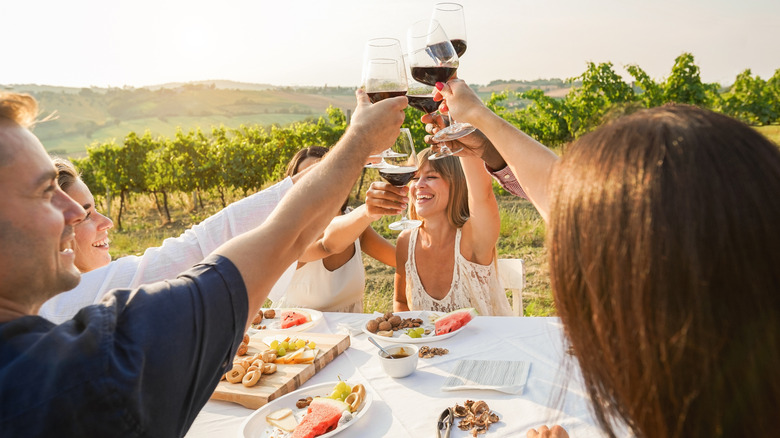 Adults sitting around plates of appetizers and toasting with wine