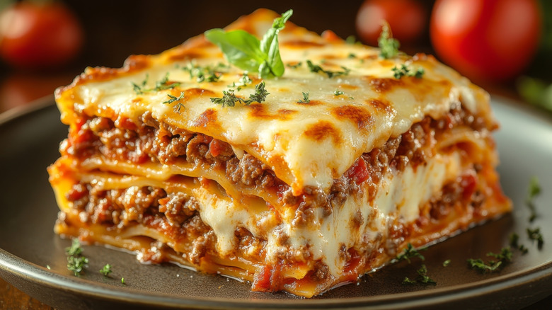 lasagna with meat sauce on a grey plate