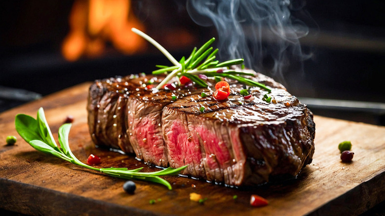 Seared steak sliced to show a pink center on a wooden cutting board