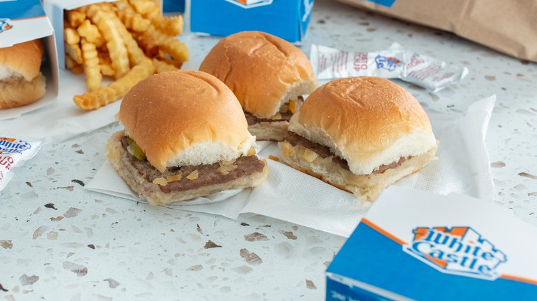 A White Castle combo meal, with four cheese sliders and a side of fries