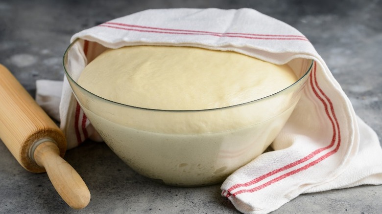 Rising dough in glass bowl half-covered with towel near a rolling pin