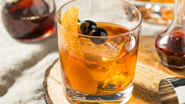 Old fashioned cocktail made with maple syrup