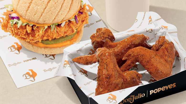 Don Julio Popeyes chicken sandwich, wings, and drink