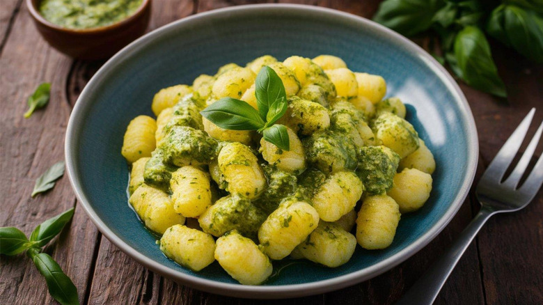 Blue bowl of gnocchi with pesto sauce on a wooden table