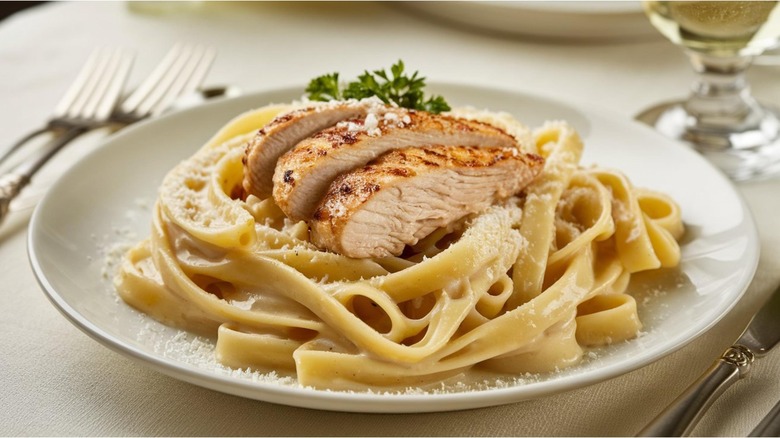 Alfredo pasta topped with grilled chicken