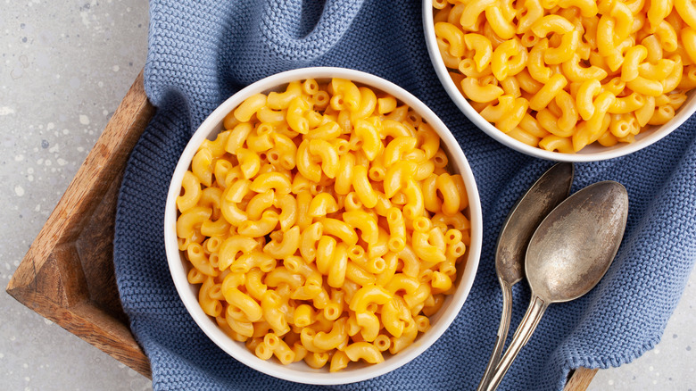 Top view of a bowl of macaroni and cheese