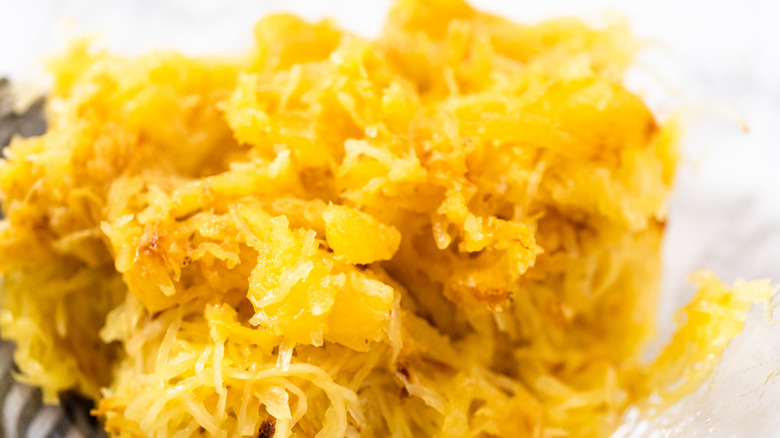 a close-up of cooked spaghetti squash strands