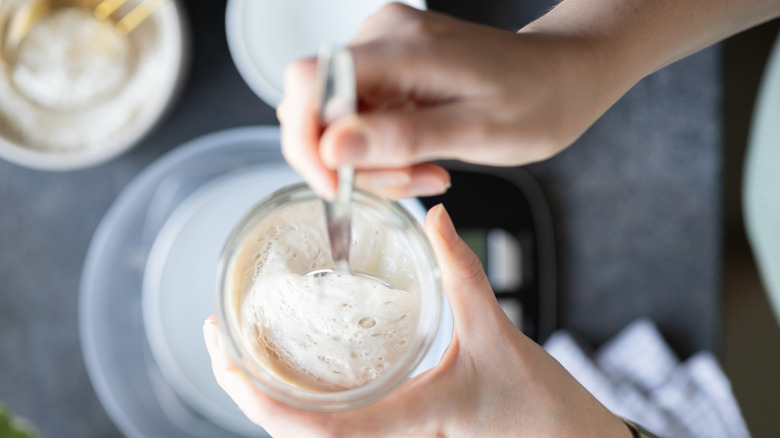 A person stirring sourdough starter in a jar