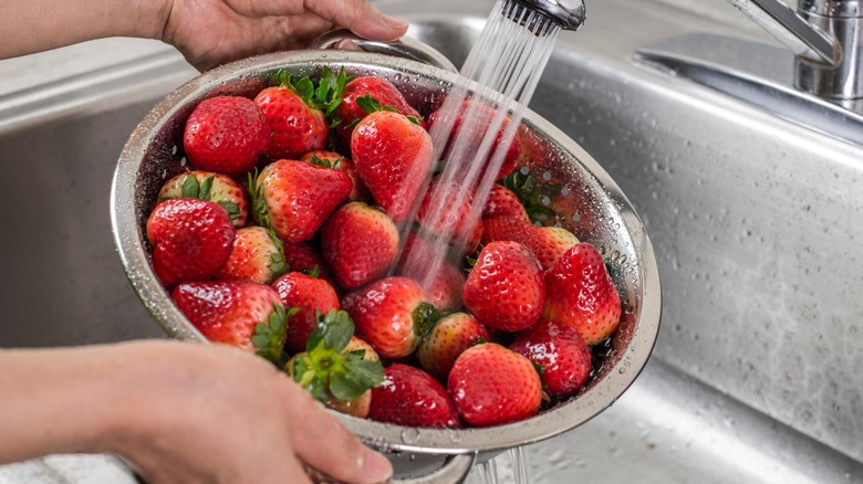 Rinsing strawberries under the faucet