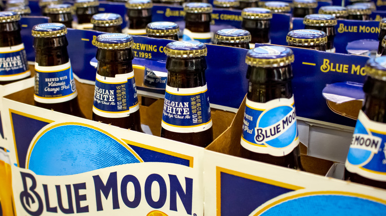 Cases of Blue Moon beer in a supermarket