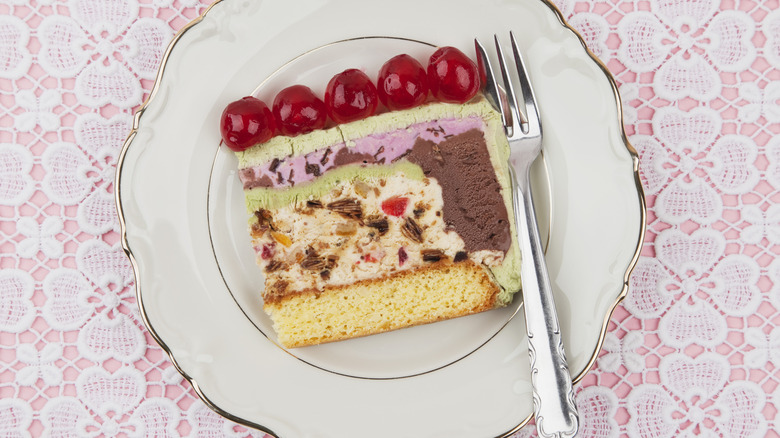 Slice of colorful ice cream cake on a plate with cherries